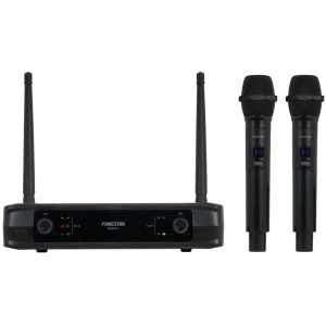Fonestar Duální UHF mikrofonní set, 2× ruční Mic, fixní frekvence, dosah 30 m, XLR/Jack výstup, latence 3 ms