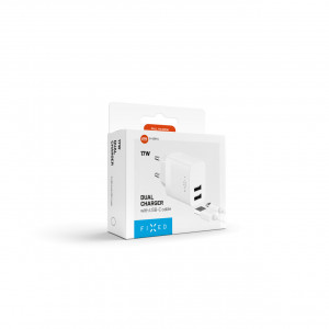 Set síťové nabíječky FIXED s 2xUSB výstupem a USB/USB-C kabelu, 1 metr, 17W Smart Rapid Charge, bílá