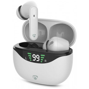 NEDIS bezdrátová sluchátka + mikrofon/ TWS/ BT/ výdrž 30 hod/ 100 dB/ ovládání dotykem/ nabíjecí pouzdro/ USB-C/ bílé