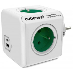 Cubenest Powercube Original USB PD 20W, A+C, 4× zásuvka, bílá/zelená, dětská pojistka, uzemnění, max. 16A/250V~3680W