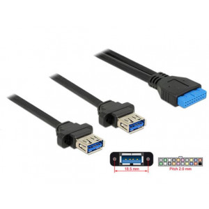 Delock Kabel USB 3.0 pin konektor samice 2,00 mm 19 pin > 2 x USB 3.0 Typ-A samice panel pro montáž 80 cm