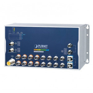 Planet Průmyslový PoE switch 8x Gb 802.3at, 8x Gb, 2x 10 Gb, M12 konektory, 2x 10G Q-ODC, IP40, -40+70°C, 24-110 VDC