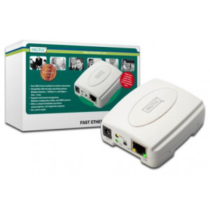 Digitus Tiskový server USB, 1 port, 1x RJ45, 1x USB A, USB 2.0 Pro všechny běžné O/STiskový server USB, 1 port, 1x RJ45, 1x USB A,