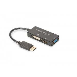 Digitus Mini DisplayPort Kabelový  převodník , mDP - HDMI + DVI + VGA M-F / F / F, 0,2m, multimediální kabel 3 v 1, CE, bl, zlato