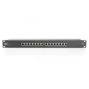 DIGITUS CAT 6, patch panel třídy E, stíněný, 16 portů RJ45, 8P8C, LSA, 1U, montáž do stojanu, černá, 482x44x109