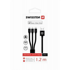 SWISSTEN DATOVÝ KABEL TEXTILE 3in1 MFi 1,2 M ČERNÝ