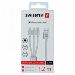 SWISSTEN DATOVÝ KABEL TEXTILE 3in1 MFi 1,2 M STŘÍBRNÝ