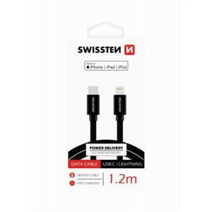 SWISSTEN DATOVÝ KABEL TEXTILE USB-C / LIGHTNING MFi 1,2 M ČERNÝ