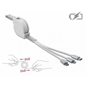 Delock Zatažitelný kabel USB 3 in 1 pro konektory osmipinový / Micro USB / USB Type-C™, bílý 