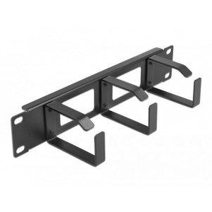 Delock 10” vyvazovací panel pro správu kabelů, 2 otvory a 3 háčky, 1U, černý