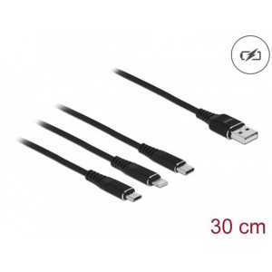 Delock Nabíjecí kabel USB 3 v 1 pro Lightning™ / Micro USB / USB Type-C™, 30 cm černá