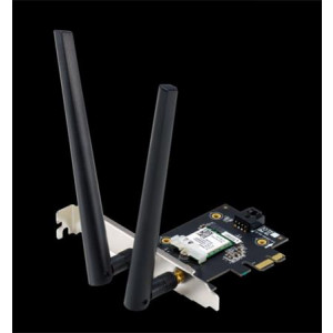 ASUS PCE-AXE5400, WiFi 6E PCI-E adaptér se 2 externími anténami. Podpora pásma 6 GHz, 160 MHz, Bluetooth 5.2