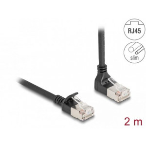 Delock Síťový kabel RJ45 Cat.6A S/FTP, Slim, zalomený nahoru o 90° / přímý, 2 m, černý