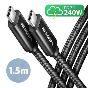 AXAGON BUCM2-CM15AB, CHARGE kabel USB-C  USB-C, 1,5m, Hi-Speed USB, PD 240W 5A, ALU, oplet, černý
