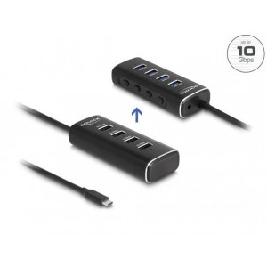 Delock 4 portový rozbočovač USB 10 Gbps s rozhraním USB Type-C™ a s konektorem, kabelem délky 60 cm a spínačem pro každý port