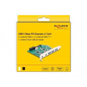 Delock Karta PCI Express x1 USB 5 Gbps na 3 x externí Typu-A + 2 x externí zásuvkové USB Type-C™ a 1 x 19 pinový interní