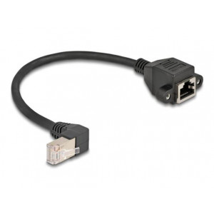 Delock Síťový prodlužovací kabel ze zástrčky S/FTP RJ45, pravoúhlý (90°), na integrovanou zásuvku RJ45, Cat.6A, 0,25 m, 