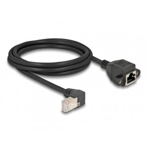 Delock Síťový prodlužovací kabel ze zástrčky S/FTP RJ45, pravoúhlý (90°), na integrovanou zásuvku RJ45, Cat.6A, 2 m, černý