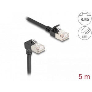 Delock Síťový kabel RJ45 Cat.6A S/FTP, Slim, zalomený dolů o 90° / přímý, 5 m, černý