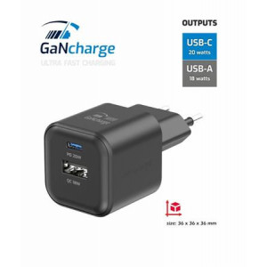 SWISSTEN SÍŤOVÝ ADAPTÉR GaN 1x USB-C 20W PD + 1x USB-A 18W QC ČERNÝ