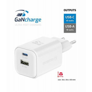 SWISSTEN SÍŤOVÝ ADAPTÉR GaN 1x USB-C 45W PD + 1x USB-A 18W QC BÍLÝ