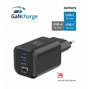 SWISSTEN SÍŤOVÝ ADAPTÉR GaN 2x USB-C 65W PD + 1x USB-A 18W QC ČERNÝ