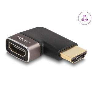 Delock Adaptér HDMI, ze zástrčky na zásuvku, 90° zahnutá doleva 8K 60 Hz, šedá kovová
