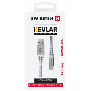 SWISSTEN DATOVÝ KABEL KEVLAR USB / USB-C 1,5 M BÍLÝ