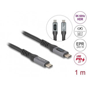 Delock Datový a rychlonabíjecí koaxiální kabel USB 40 Gbps, 1 m, 8K 60 Hz, USB PD 3.1, rozšířený rozsah výkonu, 240 W