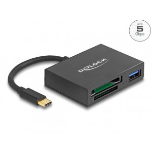 Delock Čtečka karet USB-C™ na paměťové karty XQD a SD + port rozhraní USB 5 Gbps Typ-A