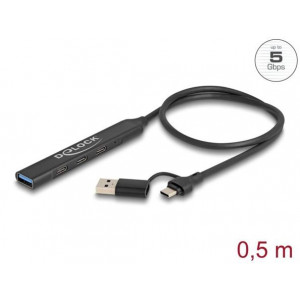 Delock 4 portový štíhlý USB Hub z USB Type-C™ nebo USB Typ-A na 3 x USB 5 Gbps USB Type-C™ + 1 x USB 5 Gbps Typ-A