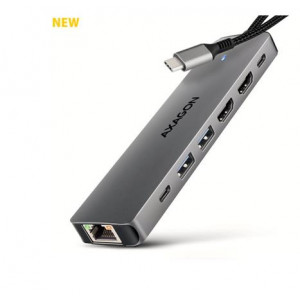 AXAGON HMC-7HX2, USB 5Gbps hub, 2x USB-A, USB-C, 2x HDMI 4k/60Hz, RJ-45 GLAN, PD 100W, kabel USB-C 15cm