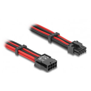 Delock Prodlužovací kabel z 8-pinové zástrčky na 6 + 2-pinovou zásuvku PCIe, s textilním opletením, červenočerný, 30 cm