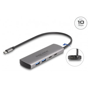 Delock Hub USB 10 Gbps se 2 porty USB Typ-A + 2 porty USB Type-C™ s konektorem USB Type-C™ a s dalším napájecím portem