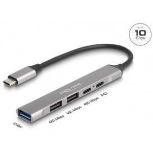 Delock 4-portový tenký Hub USB Type-C™ mající 1 x USB 10 Gbps Typ-A + 2 x USB 2.0 Typ-A + 1 x USB 2.0 USB Type-C™ a PD 9