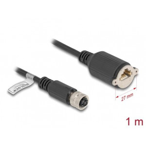 Delock Kabel M12 D-kódovaný, z 4 pinové zásuvky na zásuvku RJ45, k instalaci, Cat.5e, FTP, 1 m, černý