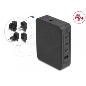 Delock USB GaN nabíječka 3 x USB Type-C PD 3.1 a 1 x USB Type-A s 145 W včetně napájecího adaptéru pro EU / USA / UK