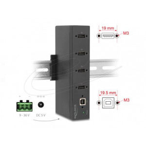 Delock Průmyslový rozbočovač ze 4 x USB 2.0 Typ-A s ochranou proti elektrostatickému výboji (ESD) až 15 kV,DIN