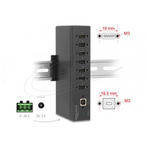 Delock Průmyslový rozbočovač ze 7 x USB 2.0 Typ-A s ochranou proti elektrostatickému výboji (ESD) až 15 kV ,DIN