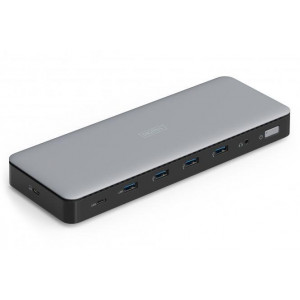 Digitus USB-C dokovací stanice, 13 portů: 3× HDMI, 2× DisplayPort, 4× USB-A, 1× USB-C, 1× RJ45, 1× DC, 1× audio