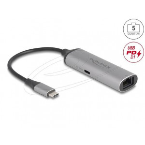 Delock Síťový adaptér USB Type-C™, 5 Gigabit LAN, 1 x RJ45 s Power Delivery, PD 3.1, 140 W