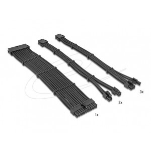 Delock Sada prodlužovacích kabelů pro zdroj (PSU), 30 cm, 6 kusů, opletené s kabelovými hřebeny, černá