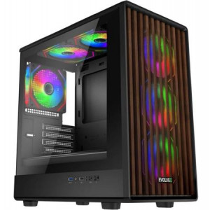 EVOLVEO Panthera, skříň mATX, 6x ARGB ventilátor 120mm, dřevěný přední panel + skleněná bočnice