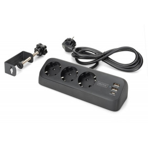 DIGITUS 3cestný kancelářský prodlužovací kabel s 2x USB-A a 1x USB-C porty, černý
