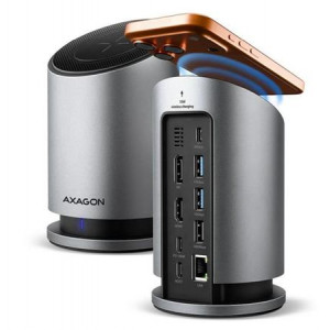 AXAGON HMC-WL9, USB 10Gbps hub s Qi, 3x USB-A, USB-C, HDMI & DP 4k/60Hz, RJ-45 GLAN, PD 100W, kabel USB-C 60cm
