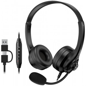 Genius HS-235U AI, Headset, drátový, náhlavní, mikrofon, Copilot, ovládání hlasitosti, kabel 2,4m, USB-C, USB, černý