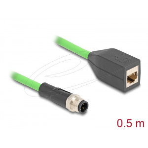 Delock Kabel M12, D-kódovaný, 4 pin, ze zástrčkového na RJ45 zásuvkový konektor, PUR (TPU), 0,5 m