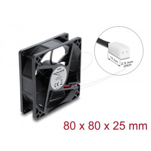 Delock Axiální ventilátor 48 V DC, 80 x 80 x 25 mm s 2-pinovým zásuvkovým konektorem ventilátoru, černý
