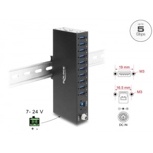 Delock Průmyslový rozbočovač ze 10 x USB 5 Gbps Typ-A s ochranou proti elektrostatickému výboji (ESD) až 8 kV a s montáž