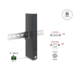 Delock Průmyslový rozbočovač ze 16 x USB 5 Gbps Typ-A s ochranou proti elektrostatickému výboji (ESD) až 8 kV a s montáž